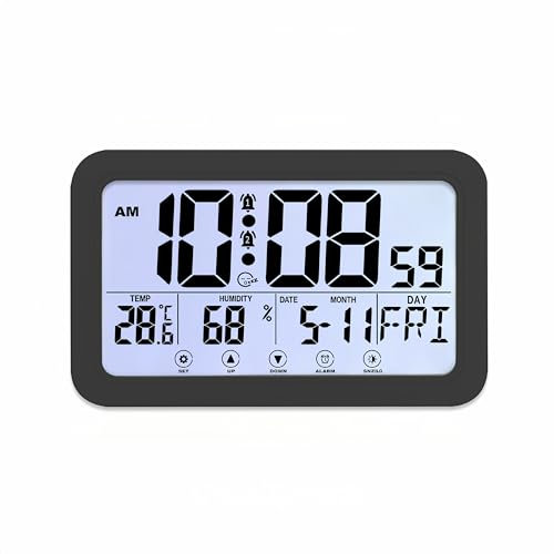 Reloj despertador digital, reloj despertador con pantalla táctil y retroiluminación, muestra temperatura, humedad, fecha y día, función de repetición de 2 alarmas, for colgar o colocar de pie en el do