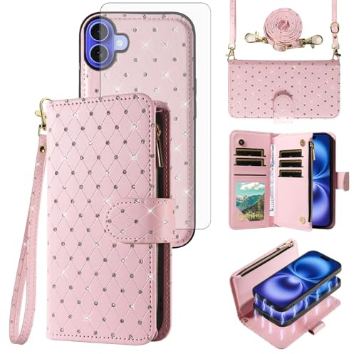 Asuwish Compatible with iPhone 16 6.1 inch Wallet Case Zipper Cell and Tempered Glass Screen Protector Crossbody Strap Glitter Flip Card Holder Phone Cover for i Phone16 i16 16Case Women Rose Gold