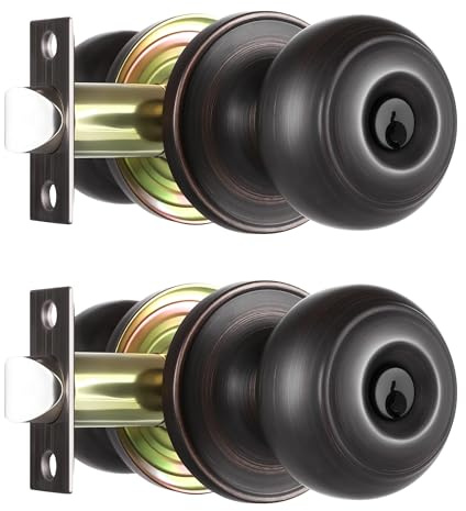 Heittis 2 Pack Ball Door Knob,Round Front Door Handle Gold Entry Door Lock Oil Rubbed Bronze Finish