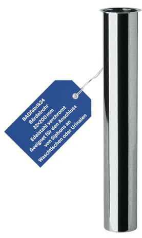 BADfabrik24 Bördelrohr DN32 Edelstahl verchromt – Ø 32 mm, Länge 200 mm, gerade Ausführung für Waschtisch-/Siphonanschluss – passgenaues Ablaufrohr, korrosionsbeständig, glatte Innenfläche