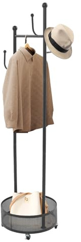 soudesileim Porte-manteau rond sur roulettes, 45 x 170 cm, charge totale : 10 kg, 6 crochets, en métal, pour entrées, salon, chambre à coucher, porte-veste, debout (noir)
