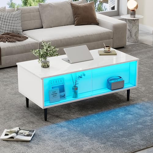 OKMYHOME - Mesa baja elevable con LED y almacenamiento oculto, bandeja elevadora, vitrina de cristal templado, 105 × 50 × 43 cm, color blanco