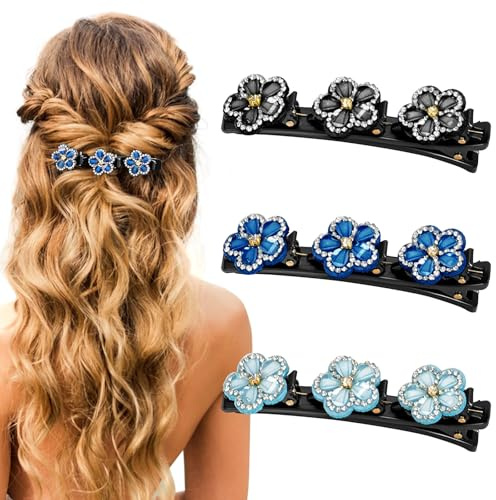 Simsky 3 Stück Doppellagige Geflochtene Haarspangen mit Funkelnden Kristallsteinen, Elegante Haarklammern für Damen als Glitzernder Haarschmuck für Alltag, Hochzeit & Party