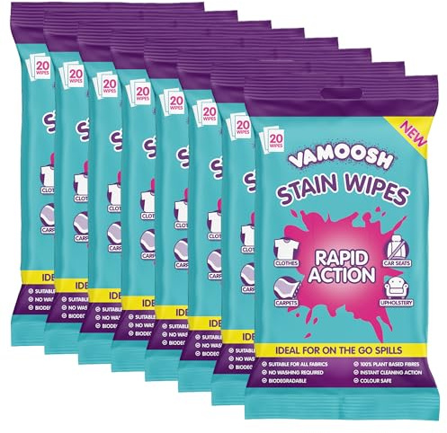 Vamoosh Rapid Stain Remover Wipes (8 x Packs of 20) | Instant Stain Remover for Clothes, Carpets & Upholstery, Biodegradable & Plastic-Free - Vamoosh Laundry Wipes