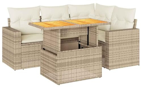Gecheer 5-TLG. Garten-Sofagarnitur mit Kissen Beige Poly Rattan, Gartenlounge Esstisch Lounge Möbel Set für Outdoor Garten Terrasse Balkon Möbel3327033