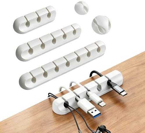 Cable Clips, 5 Pack Cable Holder, Multi-Purpose Cable Guide, Cable Organiser Set, Self Adhesive Cable Management for Desk, USB Charging Cable, Power Cable, Audio Cable, Charging Cables, White Colour