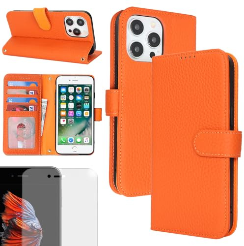 Eximmobile Echt Lederhülle für iPhone 13 Pro Max in Orange + Glasfolie, Aufklappbare Leder Tasche mit Kartenfächer, Brieftasche mit Standfunktion, Leder Wallet mit RFID Schutz