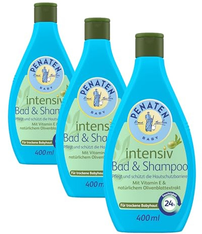 Penaten Intensiv Bad & Shampoo mildes Baby Bad & Baby Shampoo mit Vitamin E & natürlichem Olivenblattextrakt für trockene Babyhaut, 400ml (Packung mit 3)