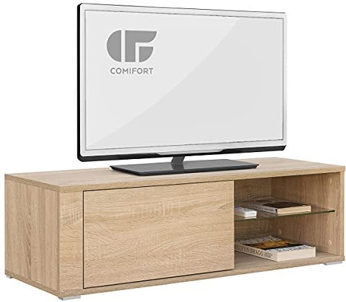 COMIFORT Mueble de TV - Mesa de Salón Moderno, Puerta con Sistema Click, Estante de Cristal Templado, Muy Resistente, Fabricado en Europa, Color Roble