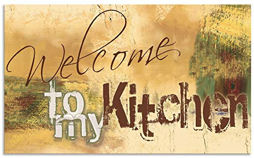 ARTland Spritzschutz Küchenrückwand aus Alu für Küche Herd Spüle 100x60 cm (BxH) mit Motiv Spruch Shabby Landhaus Kunst Willkommen Ocker H6ZJ