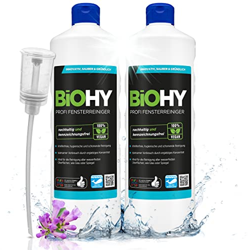 BiOHY Profi Fensterreiniger (2 x 1 liter) + Dosierer | Glasreiniger Konzentrat | für Fenstersauger geeignet | streifenfreie Reinigung von Glas-, Fenster- & Spiegelflächen | ideal für Haushalt & Auto