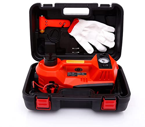 Trihelper Wagenheber Hydraulischer - 3 Tonnen Elektrischer Ständer DREI in Einem Kit für Limousine SUV Auto Lift Bodenheber Reifenwechsel und Straßennotfälle mit integrierter Reifenpumpe (Orange)