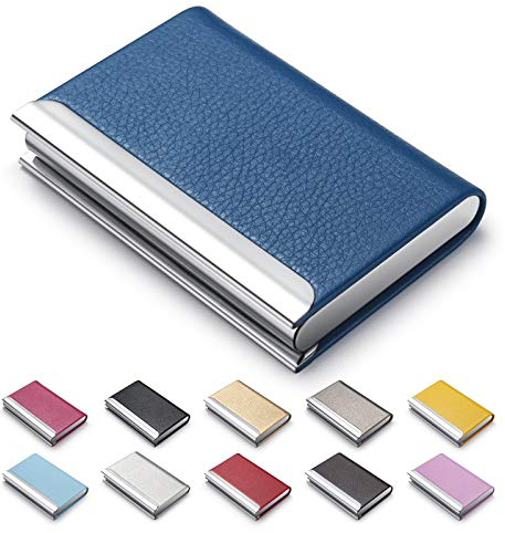 Porte-Cartes de Visite de Luxe en Cuir synthétique avec Porte-Cartes et étui en Acier Inoxydable pour Cartes de Visite et Cartes de crédit et d'identité (Bleu)