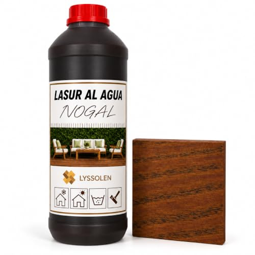 LYSSOLEN Lasur Protector Barniz Madera Exterior e Interior | Al Agua, Poro Abierto, Satinado Color Nogal | Impermeabilizante con Filtro UV para Terrazas, Vallas, Vigas y Muebles | 8 Años | 1 Litro