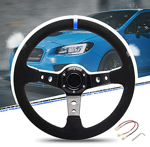 WENJTP Volante profondo 350 mm, piatto 6 bulloni con volante sportivo da corsa in pelle scamosciata pulsante clacson US incluso, cavo, chiave inglese in pelle blu