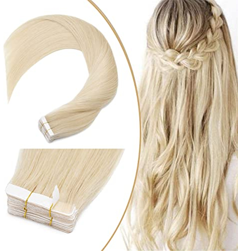 UK-Fashion-Shop Tape Extensions Echthaar 40pcs Remy Echthaar Haarverlängerung 100g - 100% Echthaar Extensions Tape In glatt #60 Platinum Blonde 60cm