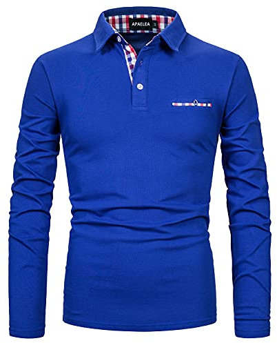 APAELEA Men's Long Sleeve Polo Shirt Casual Rugby Shirts with Plaid Down Collar,Blue,3XL