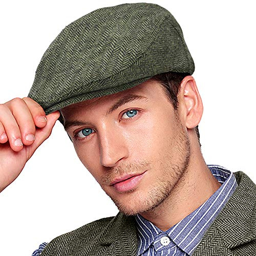 LADYBRO Herringbone Flat Ivy Newsboy Cap für Herren Klassische Wollmischung Tweed Cabbie Hut, 004 Plaid Green, XL/XXL