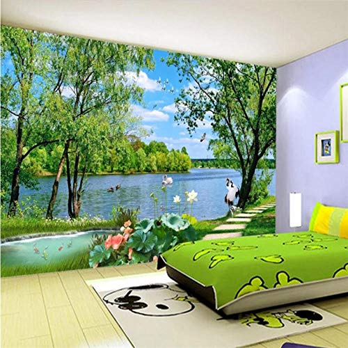 Fototapete 3D Tapeten 3D Effekt Wohnzimmer 3D Wallpaper Benutzerdefinierte Wohnzimmer Schlafzimmer Tapete Wandbilder See Wasser Gras Straße Tv Hintergrund Wanddekoration-400 * 280Cm