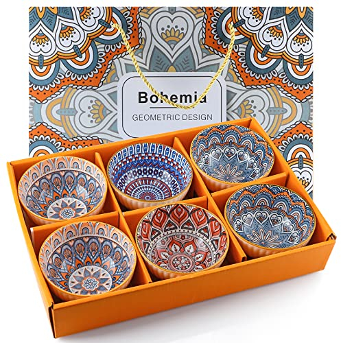 Skelang 6 Pcs Bols en porcelaine,300ml bols à céréales, bols de style bohème, pour pour céréales, soupe, dessert, collation, fruits, salad (motif géométrique)