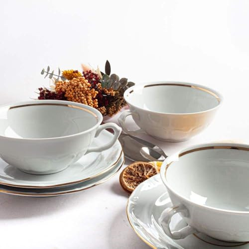Lot de 12 bols à consomé en porcelaine blanche Rhein, 6 bols à consomé avec poignées (35 cl), 6 soucoupes à tasses, avec tranchant doré