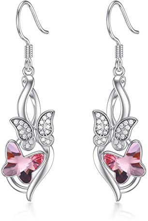 Flpruy Schmetterling Ohrringe Hängend 925 Sterling Silber, Damen Infinity Schmetterlings Anhänger Ohrringe Schmuck mit Kristall aus Österreich, Geburtstags Geschenke für Mädchen Frauen Mutter (Rose)