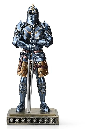 Amoysanli Mittelalterliche Ritterstatue, Königsgarde, mittelalterliche Dekoration, Polyresin, Ritter, Schwertkämpfer, Rüstung, Statue, Top-Kollektion als Geschenk, 39 cm (blau)