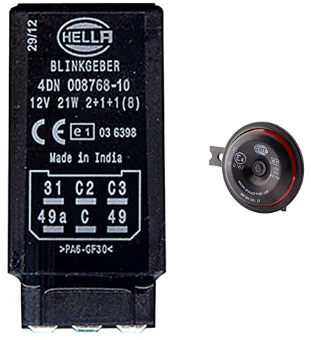 Hella 4DN 008 768-101 Blinkgeber - 12V - 6-polig - gesteckt - elektronisch - ohne Halter & 3AL 922 000-951 Horn - S90-12V - 113dB(A) - Frequenzbereich: 350Hz - Tiefton - Gehäusefarbe: rot/schwarz
