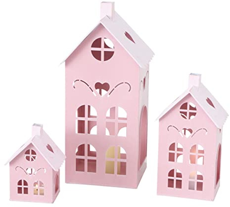 Spetebo Metall Laterne Häuser im 3er Set in rosa mit Herz - 40/26 / 17 cm - Deko Windlicht Haus - Kerzenhalter pink für Innen und Außen