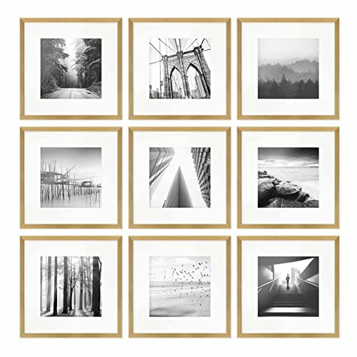 PHOTOLINI Bilderrahmen 30x30 Gold Holz MDF, 9er Set Bilderrahmen quadratisch 30x30, Foto Rahmen mit Passepartout zum Aufhängen, Rahmen 30 x 30 mit Acrylglas & Zubehör - für Fotos & Poster