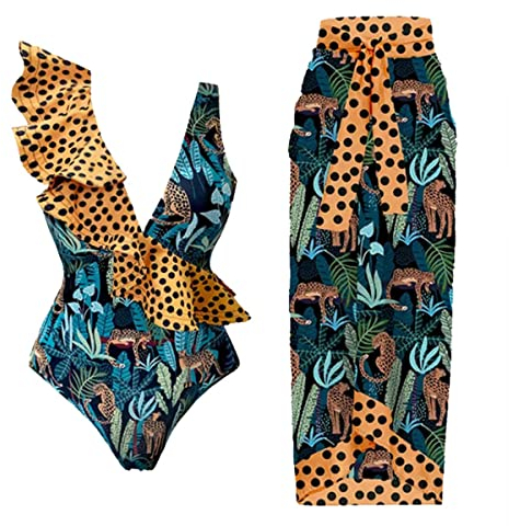 ORANDESIGNE Costumi Interi da Bagno Donna Scollo a V Costumi da Bagno con Coppe Imbottiti Push Up Costume Contenitivo Pancia Curvy Beachwear Monokini Bikini Set Stampati Swimwear E Verde S