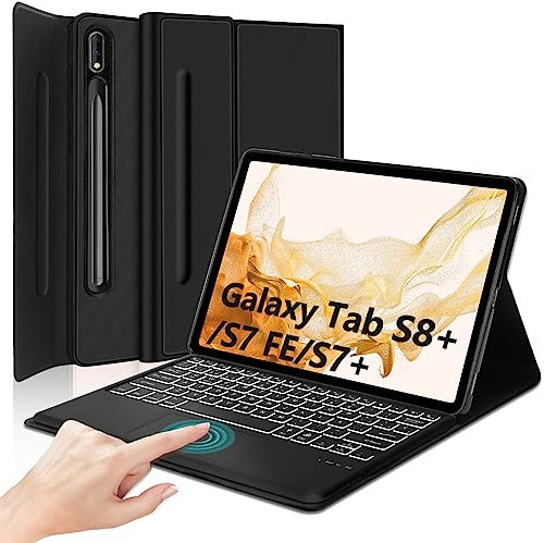 Funda Tablet Samsung Tab S8 Plus con Teclado,Teclado Samsung Galaxy Tab S7 Plus, Funda Teclado Samsung Galaxy Tab S7 FE, Teclado Touchpad Español Ñ Retroiluminados Bluetooth Desmontable, Negro