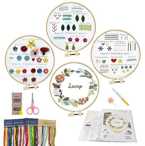 Kikuo 4 Sets Beginners Embroidery Stitch Practice kit, Embroidery Starter Kits with Flowers Plants Pattern, Floral Stitch Hand Embroidery with Embroidery Hoop, Threads and Tools for Craft Enthusiasts