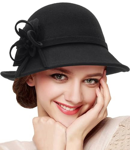 HilyBony Damen 1920er Jahre Filz Glocke Kirche Hut Gatsby Winter Wolle Eimer Vintage Bowler Mit Schleife, Schwarz Mit Blume, M
