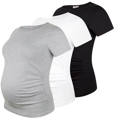 M.M.C. Umstandsshirt Kurzarm Damen 3er Pack – Umstandsmode Basic, unifarben, mitwachsende Raffung, 95% Baumwolle