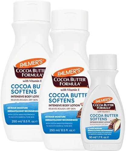 Palmers Cocoa Butter Formula With Vitamin E Softens, Smoothes & Relieves Dry Skin 48 Hour Moisture, Smoothes Marks, Tone Skin 2 x 250ml Bottle & 1x 50ml Travel Size Bottle of Palmer's Lotion