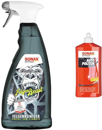 SONAX FelgenBeast (1 Liter) Felgenreiniger & AutoPolitur (500 ml) für neuwertige, matte und leicht verwitterte Bunt- und Metallic-Lacke | Art-Nr. 0300200