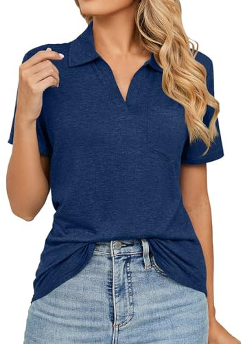 Poloshirt Damen Kurzarm Golf-Tshirt Sommer V-Ausschnitt Polohemd mit Brusttasche Arbeit-Shirt Einfarbig Kurzärmeliges Sportshirt für Polo Golf Slim fit Frauen Oberteile Leisure Golfshirt