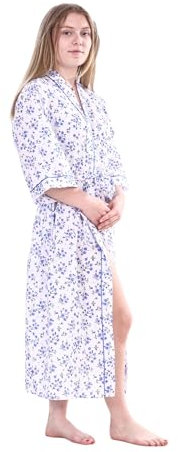 iTRONiK Ladies Floral Poly Cotton Night Gown - Floral Dressing Gown Robes Wrap - Comfortable and Stylish Sleepwear (Blue-20/22)