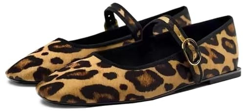 Women's Fashion Leopard Ballet Flats Elegant Square Toe Buckle Mary Jane Flats Comfortable Daily Dress Ballerina Shoes