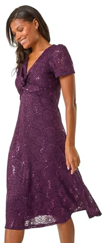 Roman Originals Sequin Lace Twist Front Midi Dress for Women UK - Ladies Everyday Autumn Winter V-Neckline Comfy Soft Evening Vacation Work Party Night Out - Purple - Size 16