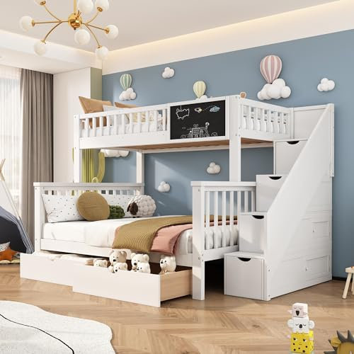 Huayz Etagenbett mit 2 Schubladen Kinder Bett mit Treppe, Hochglanz Kinderbetten Funktionsbett Etagenbett Stockbett Kinderhochbett Jugendhochbett, weiß fur 3 Kinder (Weiß)