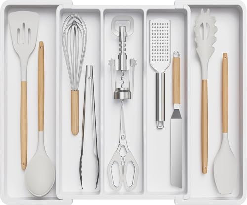 DERDOUT cutlery drawer organizer, knife and fork, kitchen expandable large cutlery tray, adjustable silverware cutlery rack, plastic kitchen shovel tool and small tool storage divider (White)