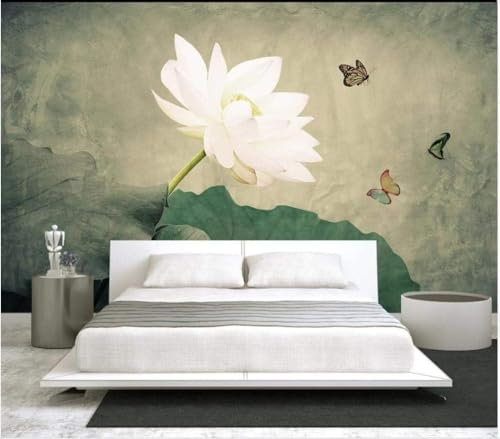 Vintage Fleur De Lotus Blanche Feuille De Lotus Verte Papier Peint 3D Intissé Bureau Salon Canapé Chambre Fond Décoration Murale-150cm×105cm
