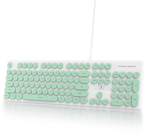 Ussixchare Teclado de computadora con cable de tamaño completo, teclado silencioso de máquina de escribir con teclas redondas retro, retroiluminación LED, membrana, 104 teclas para PC, portátil (verde