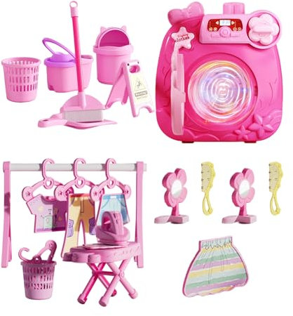 Juega la ropa de lavandería para niños: lavadora de muñecas, lavadora de fingir y secadora | Lavadora de juguetes, accesorios de limpieza en miniatura con luces y sonidos, juguete de casa de casa de m