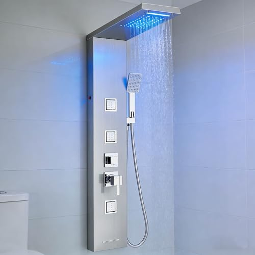 TVTIUO Multifunctional Hydromassage Shower Panel, Stainless Steel Shower Panel with 5 Functions, Brushed Finish, Wall Shower System with LED
