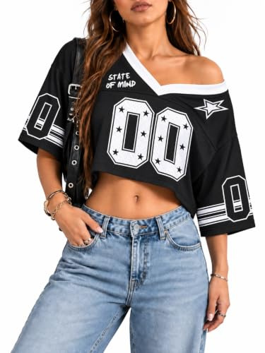 American Football Trikot Damen, Y2K Crop Top, Vintage 90er Hip Hop Shirt, personalisiert Name Nummer, Oversize Streetwear Mädchen, Geschenk Fans, Kurzarm V-Ausschnitt, Cheerleader Outfit, Fanartikel