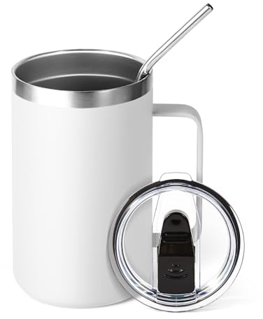 Volhoply 470ml (16oz) Insulated Coffee Mug with Lid and Straw, Stainless Steel Travel Mugs with Handle, Double Wall Vacuum Leak Proof Coffee Tumbler Cup (White,1)