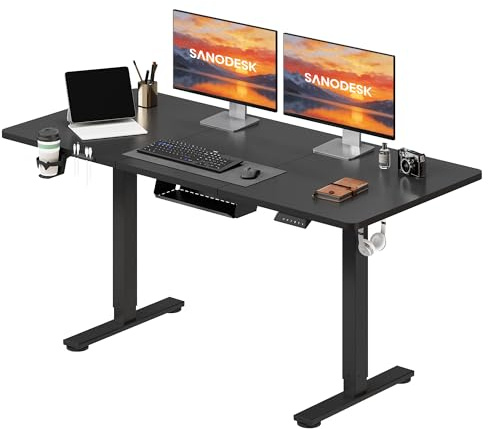 SANODESK Escritorio Elevable Eléctrico 120x60cm, Mesa Ajustable en Altura con Sistema Anticolisión, Función de Memoria de 4 Alturas con Gancho y Caja de Almacenamiento, Negro